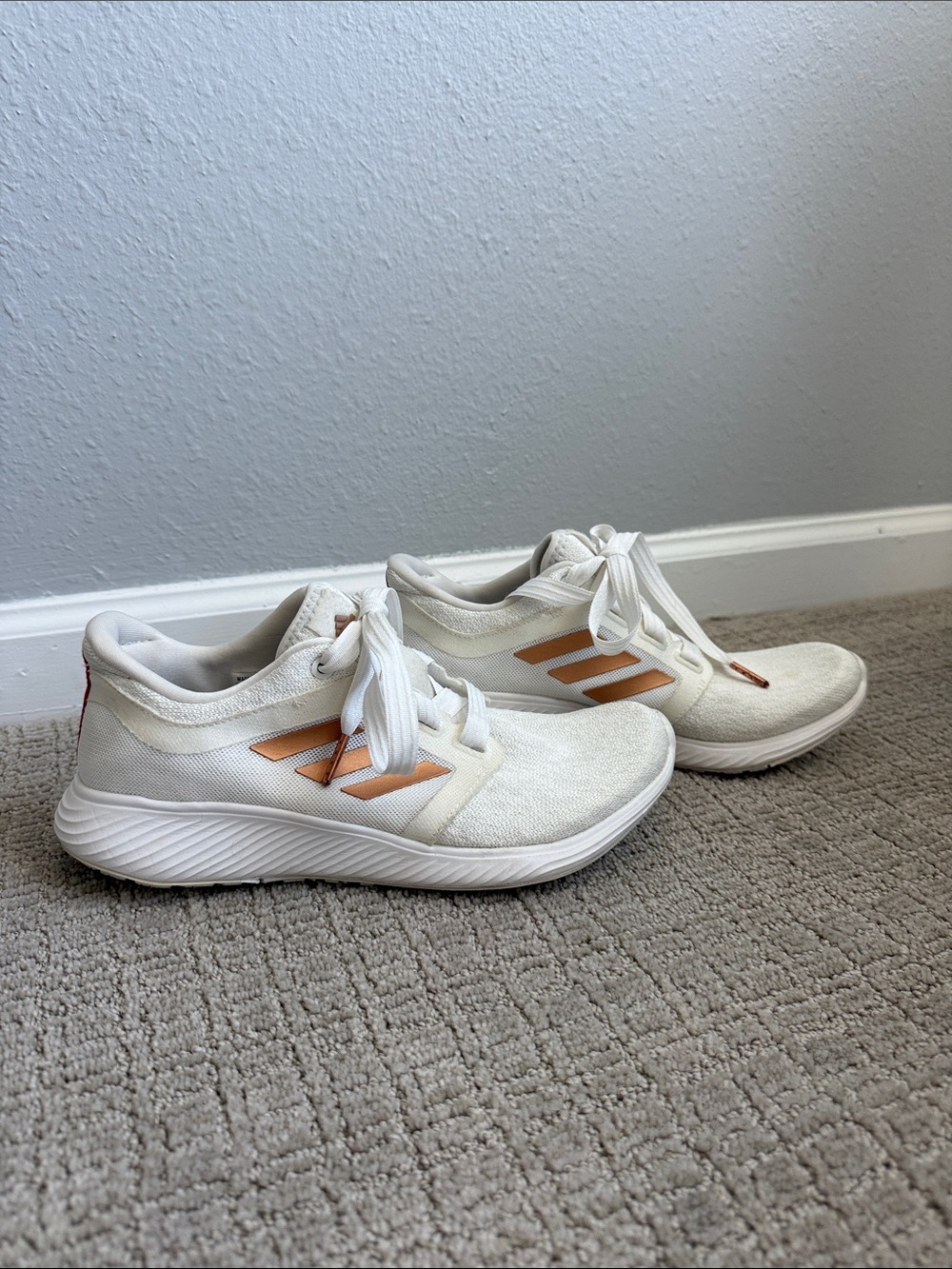 Women's White Athletic Sneakers with Rose Gold Stripes